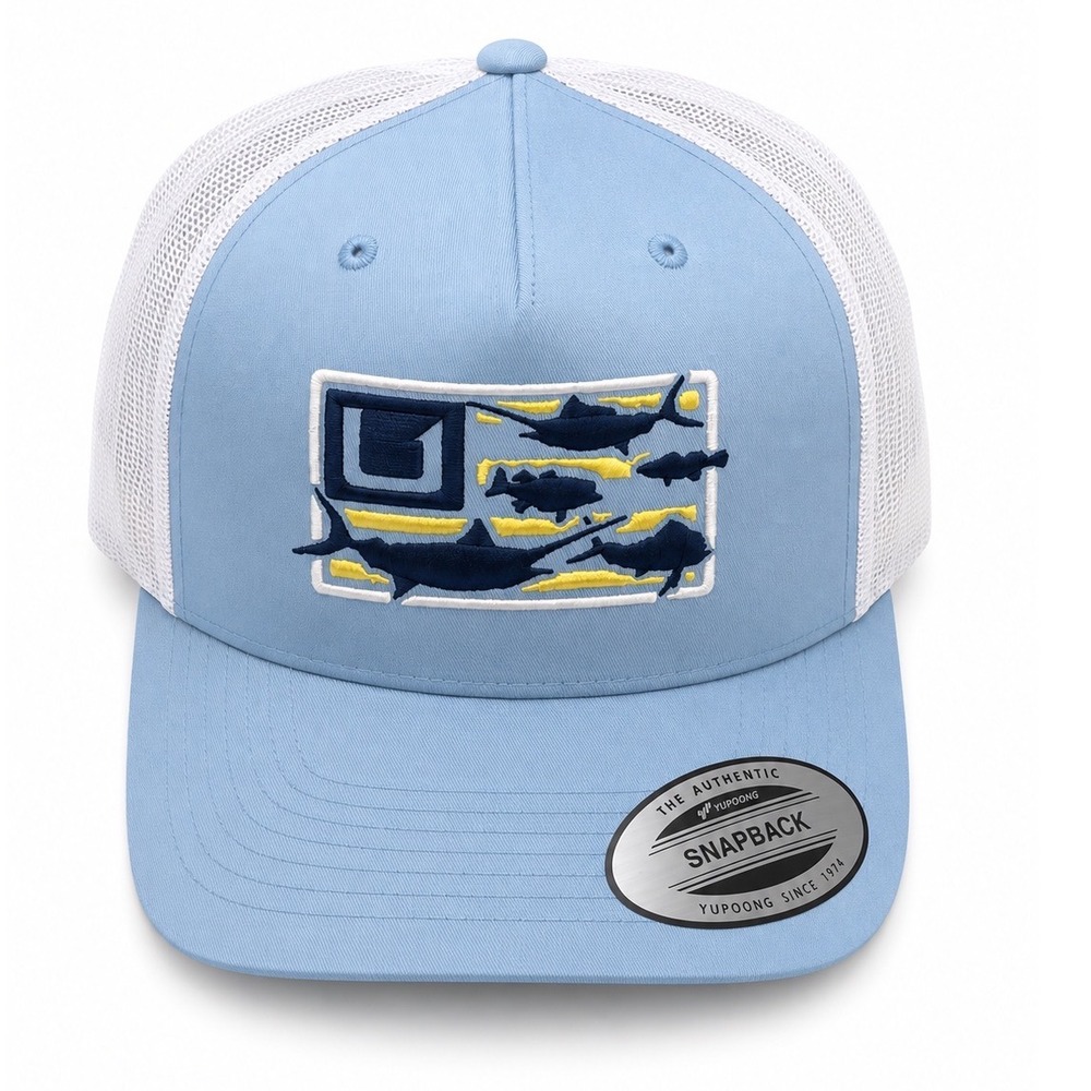 Huk Trophy Flag Trucker Hat Light Blue White Fishing Snapback Cap H3000470 NEW